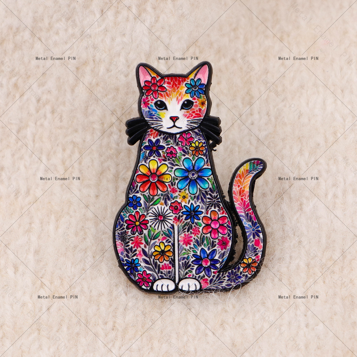 Colorful Floral Cat Enamel Pin, Artistic Cat Brooch
